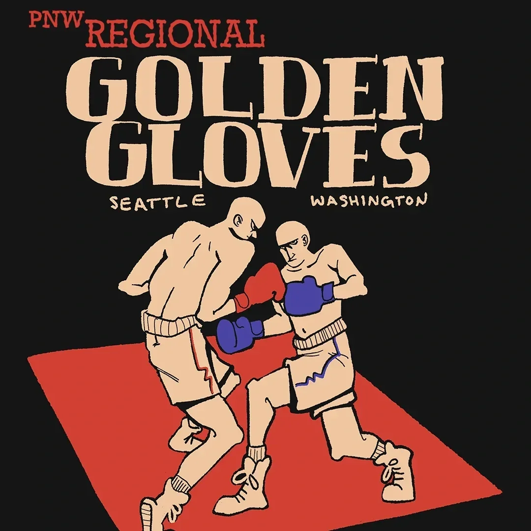 Illustrated promotional poster for the PNW Golden Gloves boxing tournament featuring two boxers in action