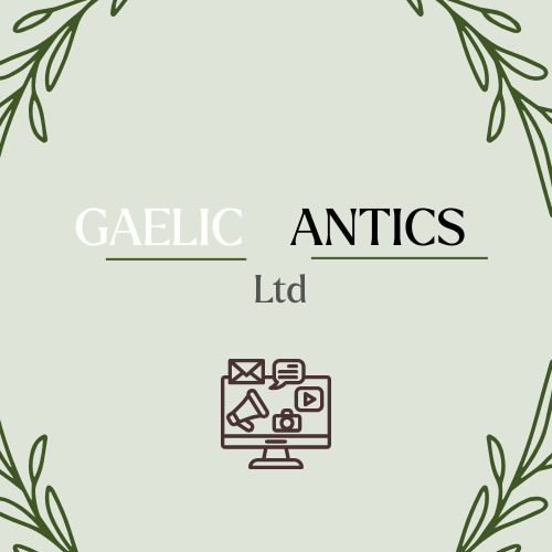 Logo of Gaelic Antics Ltd with decorative green border, featuring a computer monitor with media icons in the center.