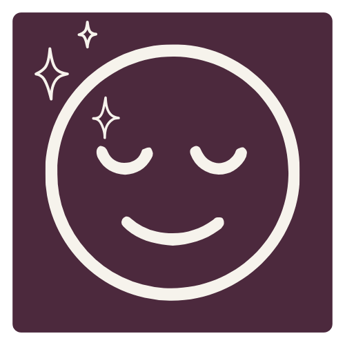 Minimalist smiling face emoji with closed eyes on a dark purple background, decorated with sparkles.