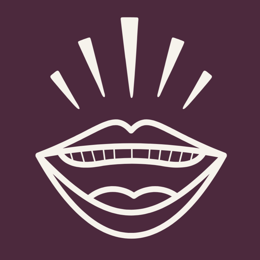 Stylized illustration of a smiling mouth with an open expression, surrounded by radiating lines on a dark background.