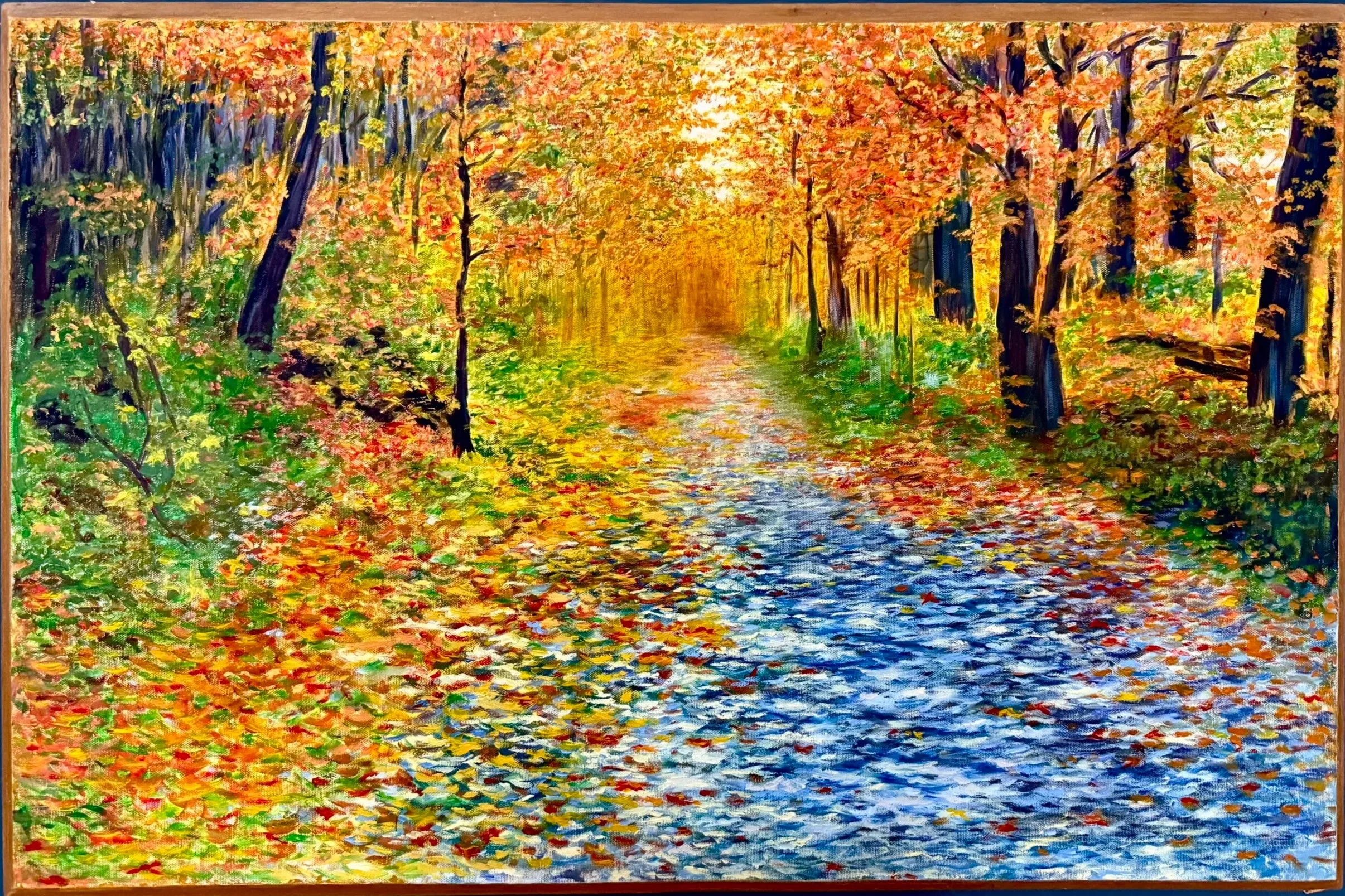 Impressionist painting of a vibrant fall landscape with a path covered in fallen leaves, surrounded by colorful trees with orange, yellow, and red foliage, and a bright sky in the background.