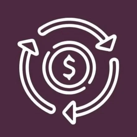 A white dollar sign inside a circle surrounded by three arrows forming a cycle on a dark purple background.