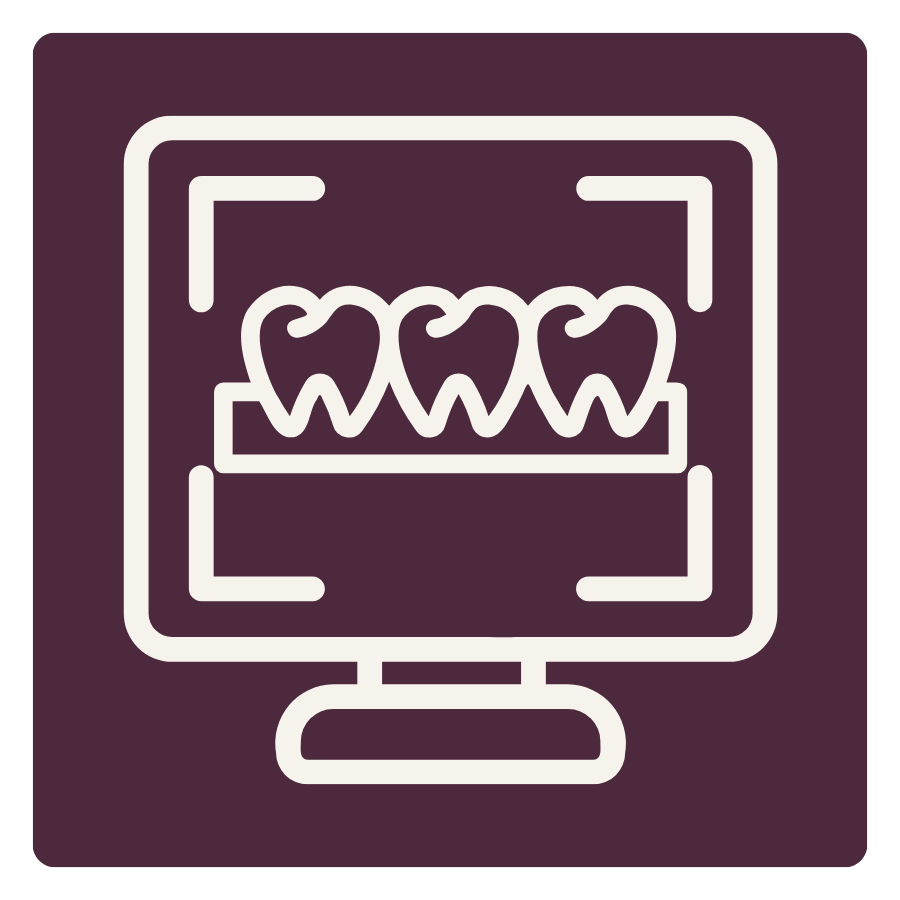 Graphic icon of a computer monitor displaying three teeth.