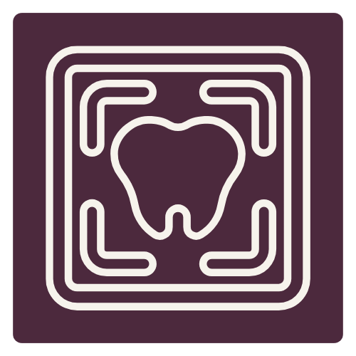 A stylized illustration of a tooth inside a square frame.