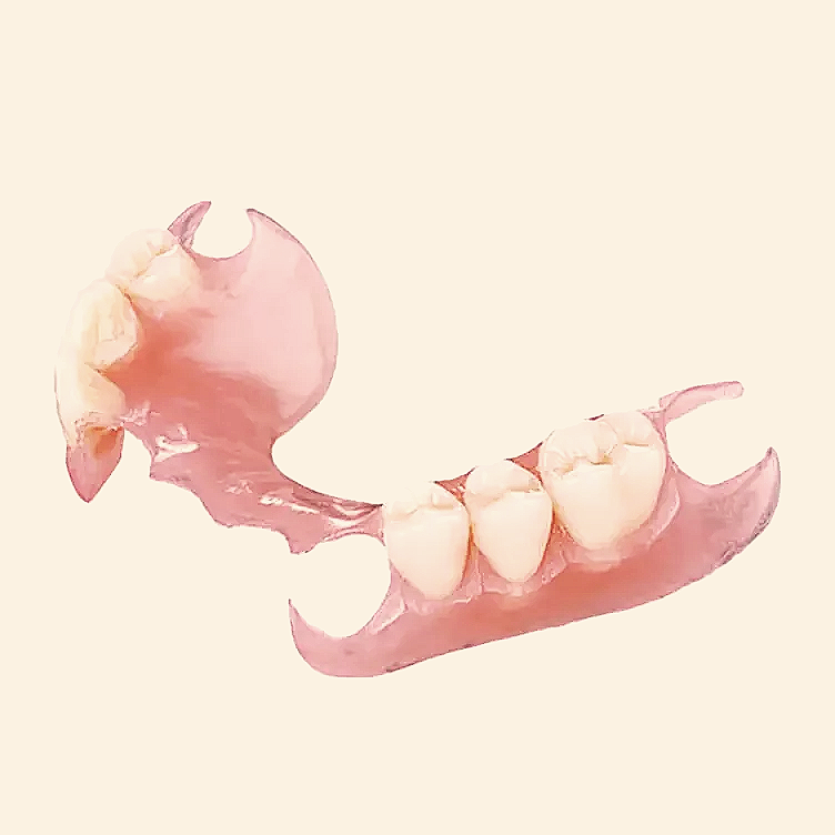Photo of a metal-free partial denture, placed against a plain light beige background.