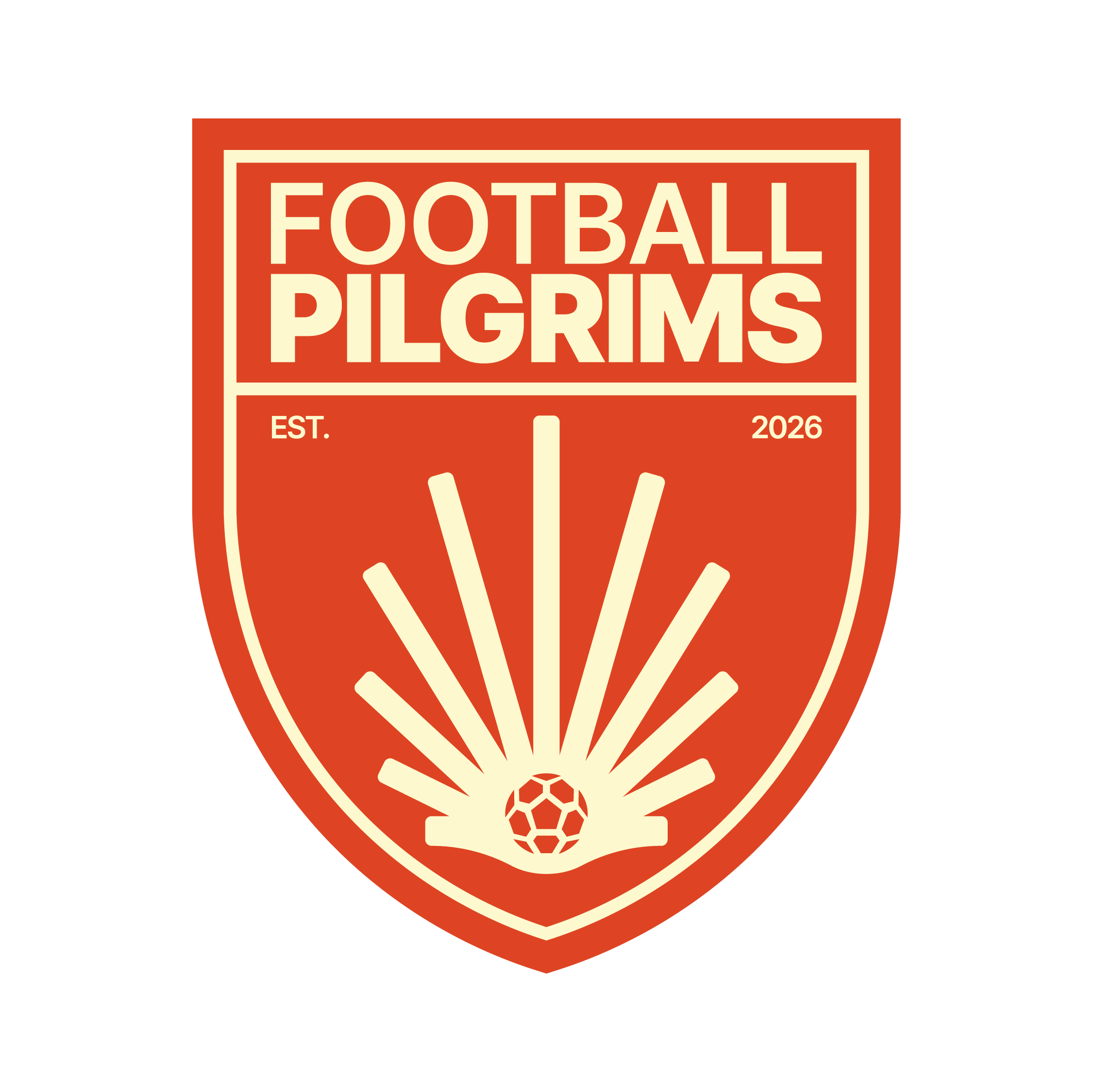 A shield-shaped emblem with an orange background and cream-colored border. It features the text 'FOOTBALL PILGRIMS' at the top, with 'EST. 2026' on either side of a stylized soccer ball with rays emanating from it in the center.