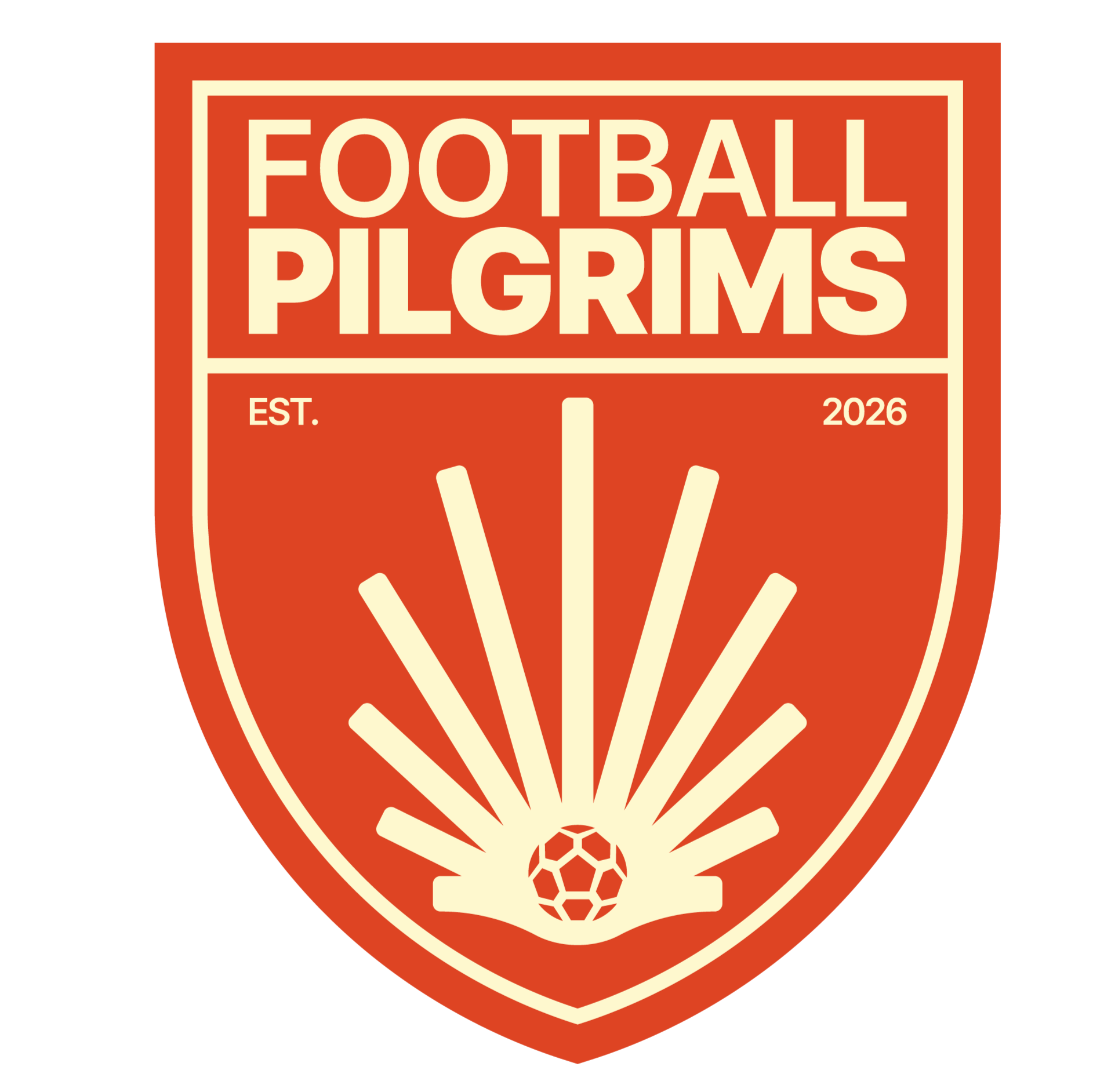 Football club emblem with the words "Football Pilgrims" and the year 2026, featuring a stylized soccer ball and radiating lines.
