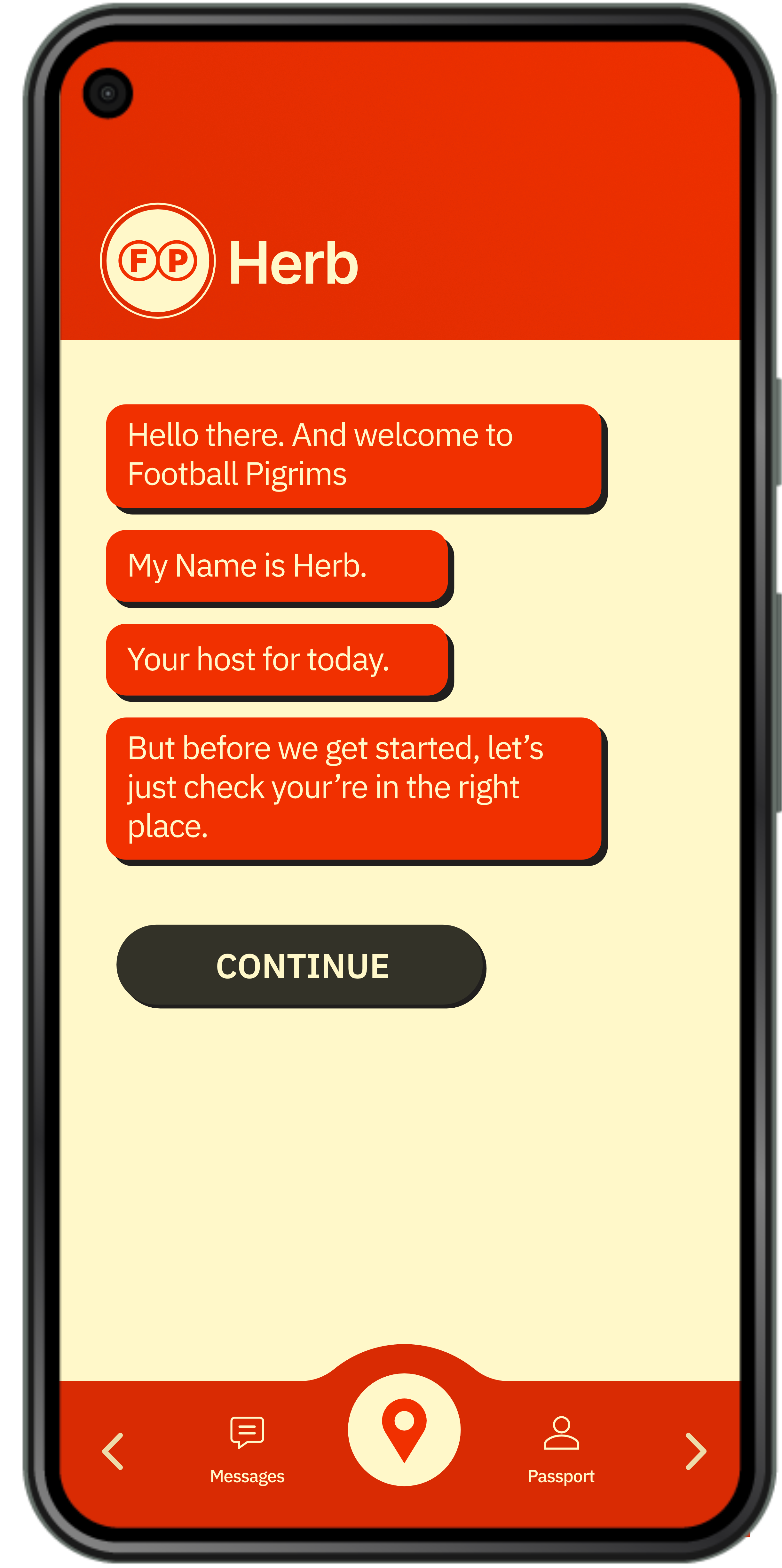 Mobile app screen with an introduction to Football Pigrims, featuring a red header with a logo and the text 'Herb', speech bubbles with welcoming messages, and a 'Continue' button. Bottom navigation bar includes icons for messages, location, and passport.