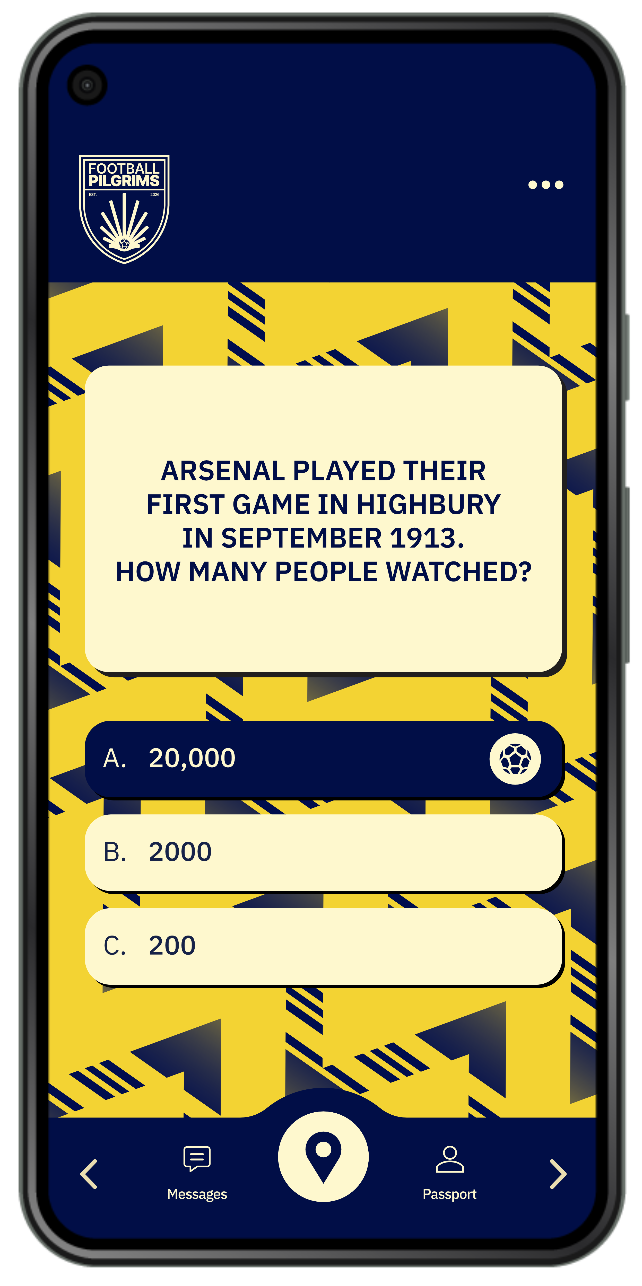 Mobile game presentation screen showing a trivia question about Arsenal's first game in Highbury in September 1913, with three multiple-choice answers and icons for messages, location, and passport.