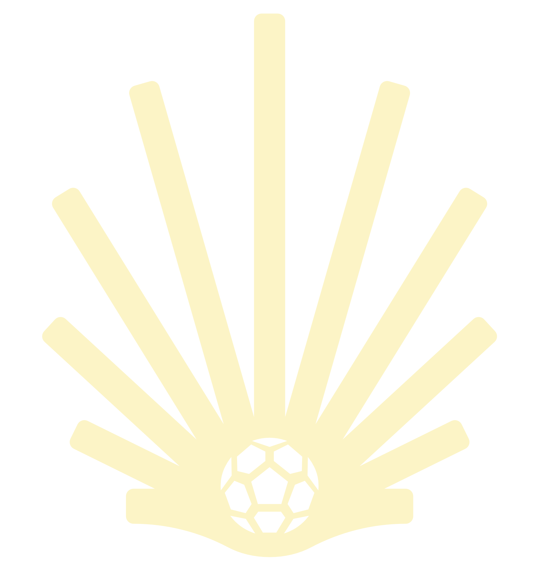Logo featuring a stylized soccer ball at the bottom and radiating lines above it, resembling a shell or burst pattern.