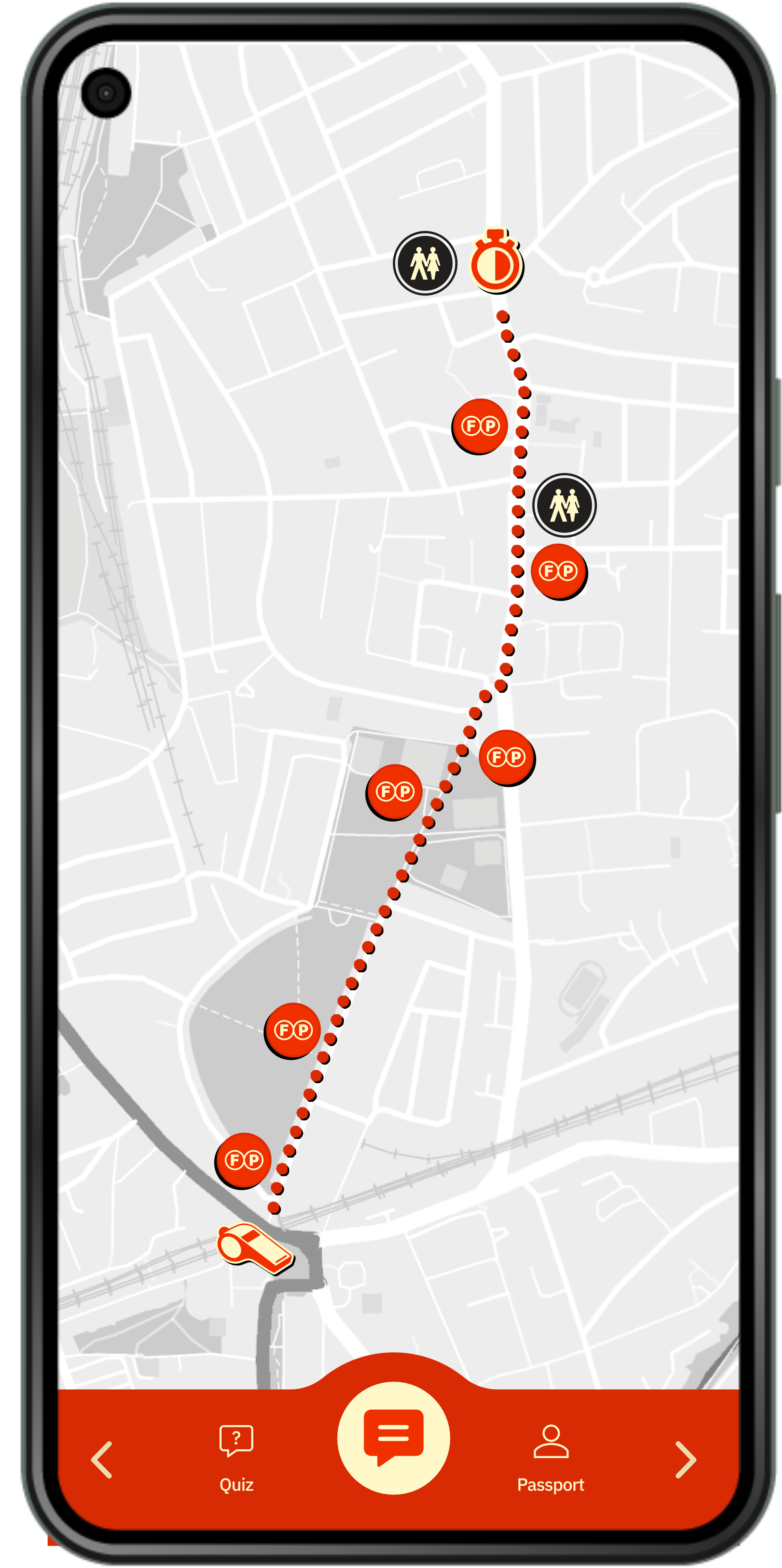 Screenshot of a mobile navigation app showing a path marked with icons including parking, pedestrians, and a stopwatch, on a city map.