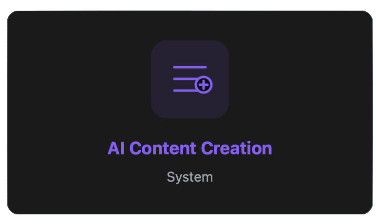 Screen displaying an AI Content Creation system interface with an icon of a document and a plus sign, and the text 'AI Content Creation' in purple.
