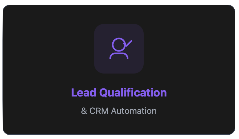 Digital interface with icon of a person and a magnifying glass, titled 'Lead Qualification & CRM Automation' in purple text.