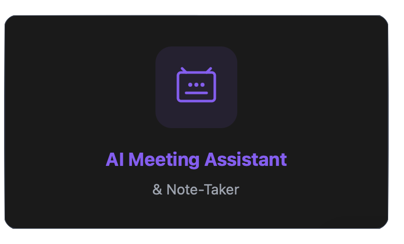 Dark digital interface screen displaying a purple icon of a television with a sad face, and text that reads 'AI Meeting Assistant & Note-Taker' in purple and gray.