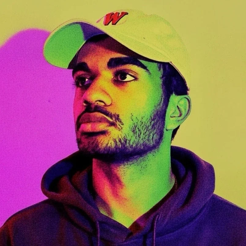 Portrait of a young man wearing a baseball cap and hoodie, with colorful neon lighting affecting the image.