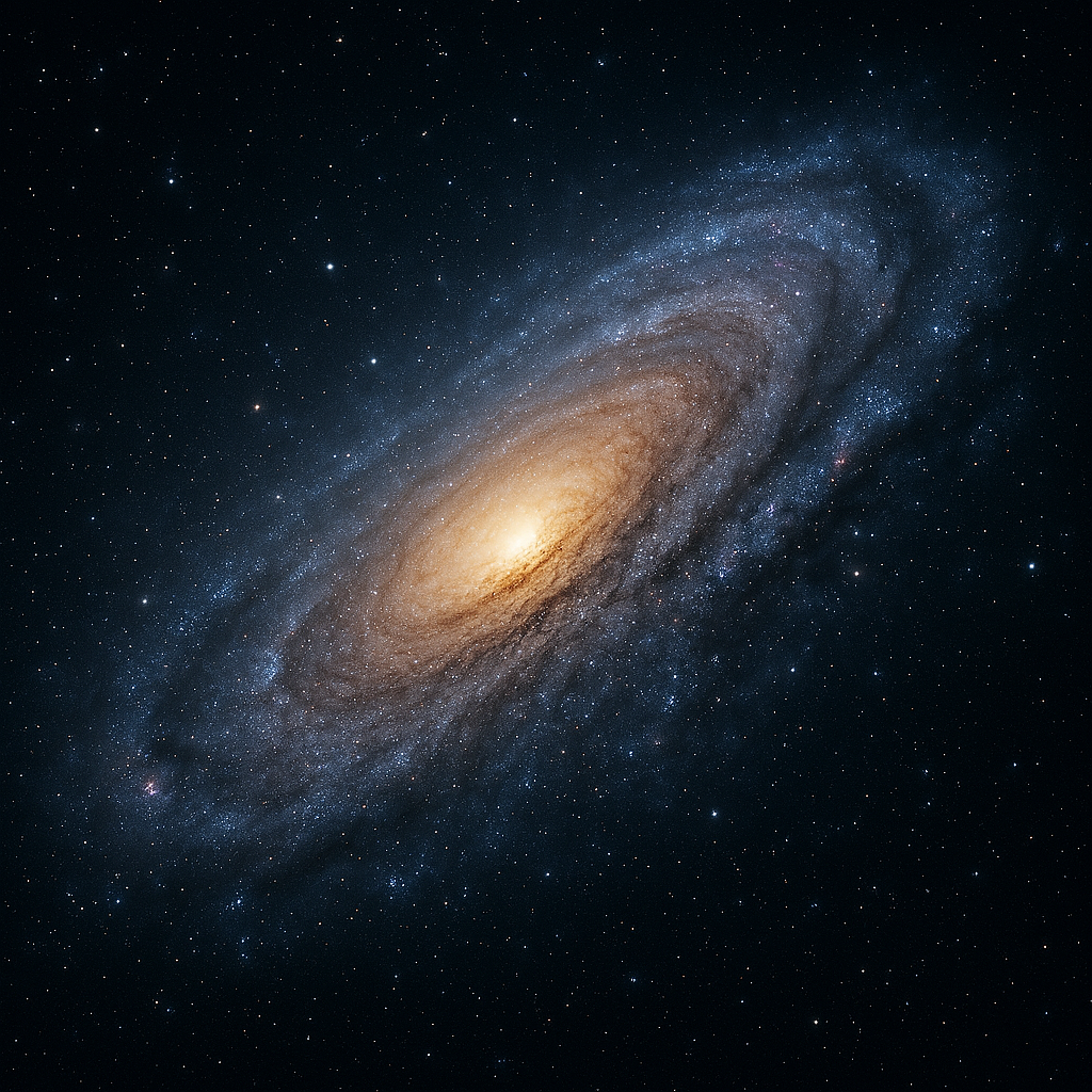 Das Bild zeigt eine Aufnahme einer Spiralarmegalaxie im Weltall mit Sternen und Staubwolken.