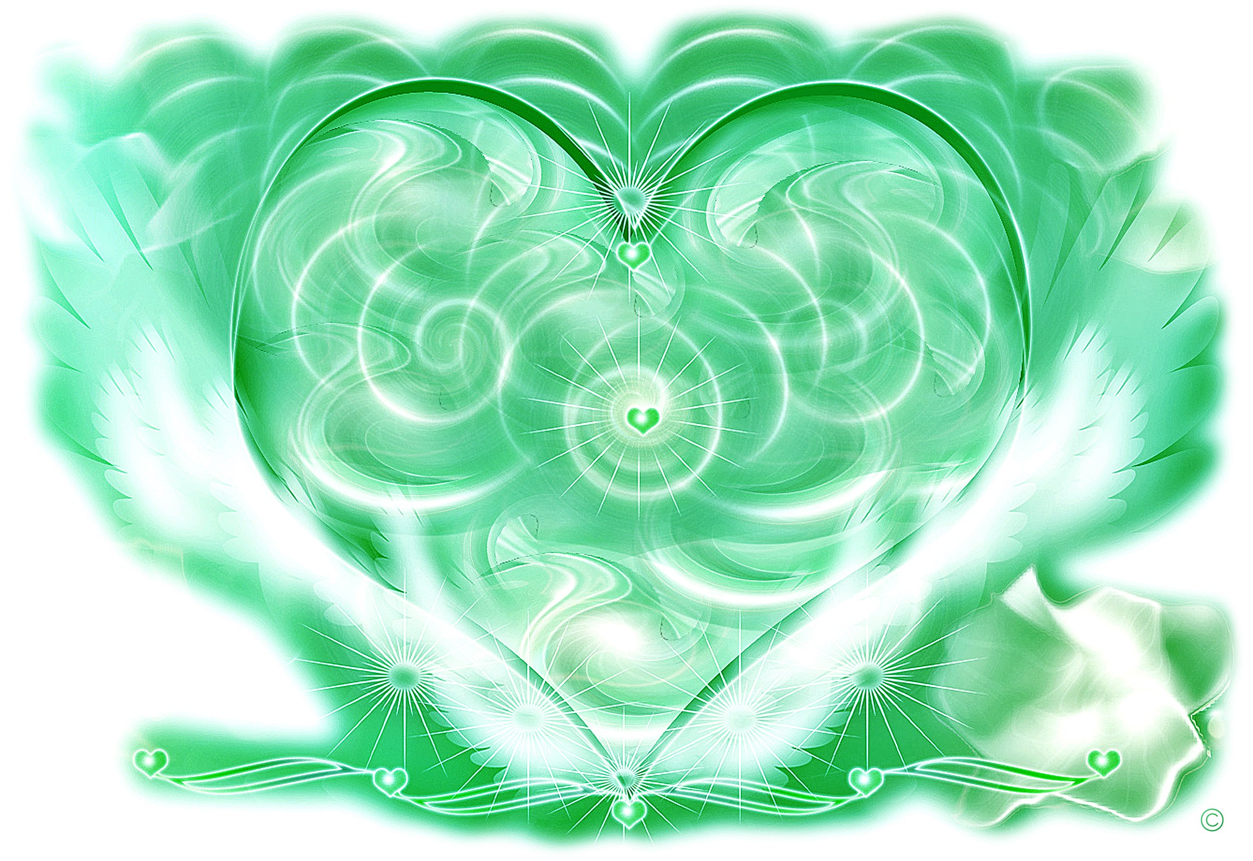 Grünes abstraktes Herz mit Lichtlinien, kleinen Herzen und radialen Mustern in digitaler Kunst.
