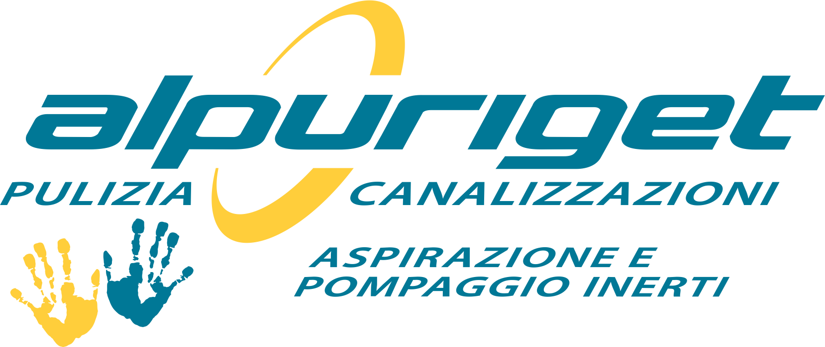 Logo di Alpuiget con testo 'Pulizia Canalizzazioni, Aspirazione e Pompaggio Inerti' e disegni di due mani, una gialla e una blu.