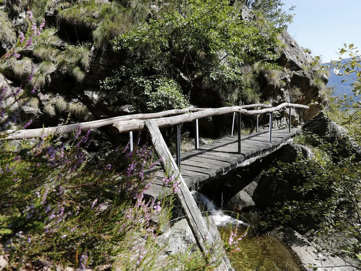 Un ponte di legno su un corso d'acqua tra rocce e vegetazione