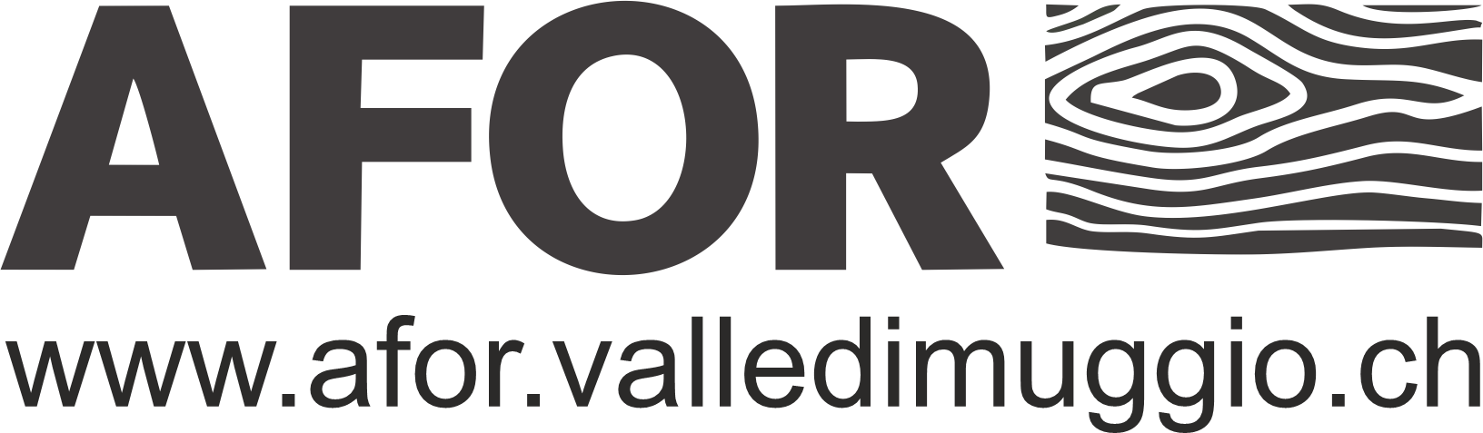 Logo con testo 'AFOR' e sito web 'www.afor.valledimugvio.ch', con elemento grafico stilizzato rappresentante le linee di un albero o un paesaggio ondulato.