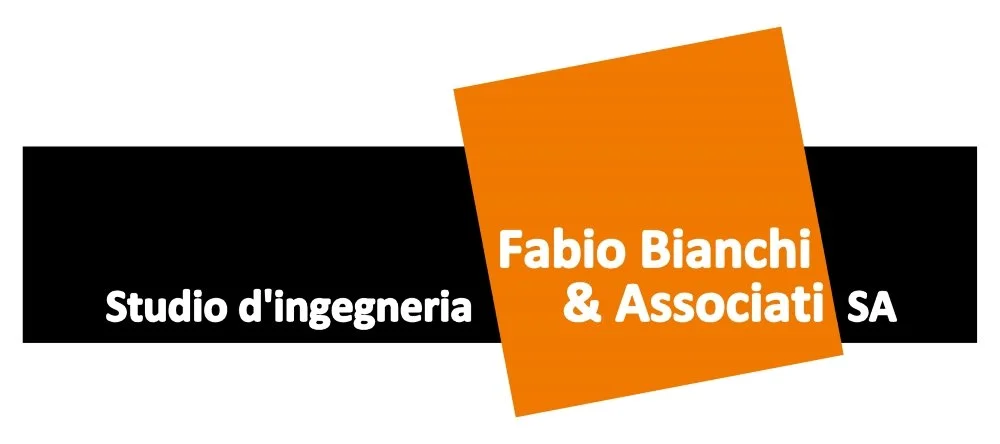Logo aziendale con testo in italiano 'Studio d'ingegneria Fabio Bianchi & Associati SA' su sfondo bianco e nero con elemento quadrato arancione