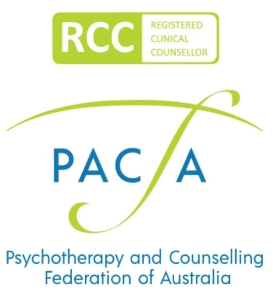 Logo for the Psychotherapy and Counselling Federation of Australia, featuring the letters PCCFA in blue with a green curved line, and a green box with 'RCC' and 'Registered Clinical Counsellor' text.