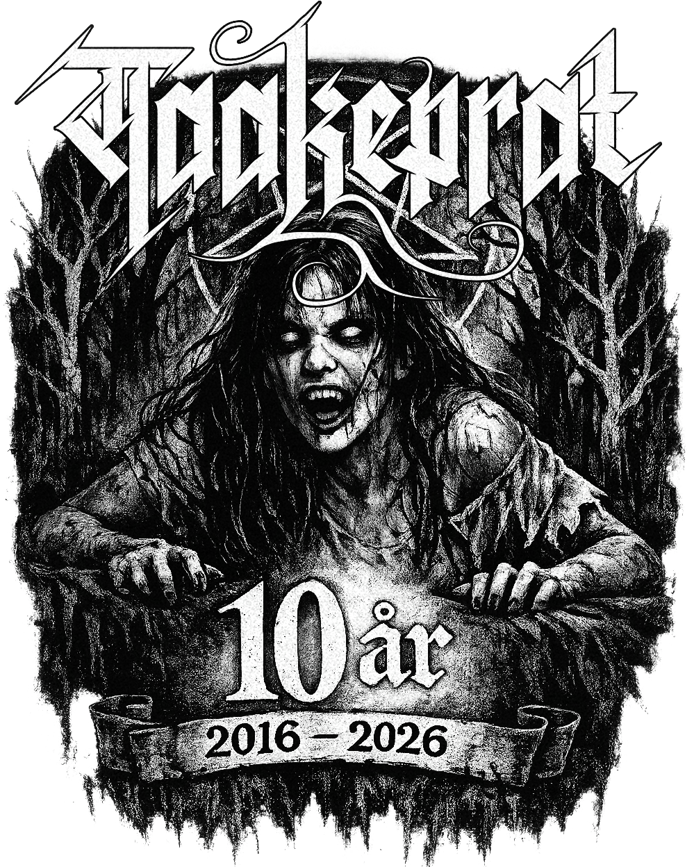 Black and white illustration of a zombie woman with long hair and spooky eyes, emerging from a grave with raised hands. The text '10 år' and the years 2016-2026 with a banner underneath are also visible, indicating a 10-year anniversary celebration.