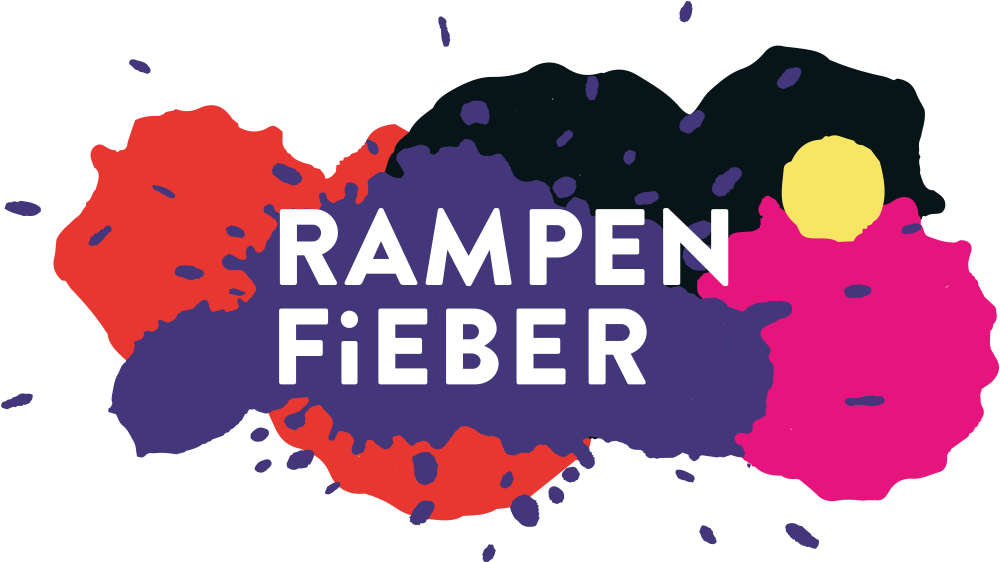 Bunte Illustration mit dem Text 'RAMPEN FIEBER' in der Mitte, umgeben von Farbklecksen in rot, gelb, pink, dunkelblau und schwarz.