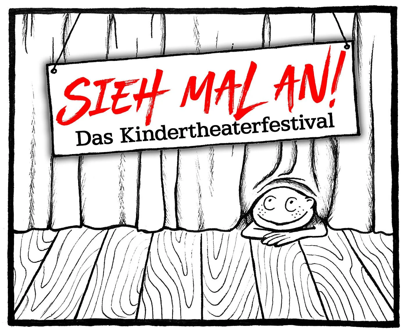 Zeichnung eines Kindes, das hinter einer Bühne mit roten und schwarzen Plakaten mit Text steht, das Kind schaut lachend nach vorne, im Vordergrund ist der Bühnenboden sichtbar.