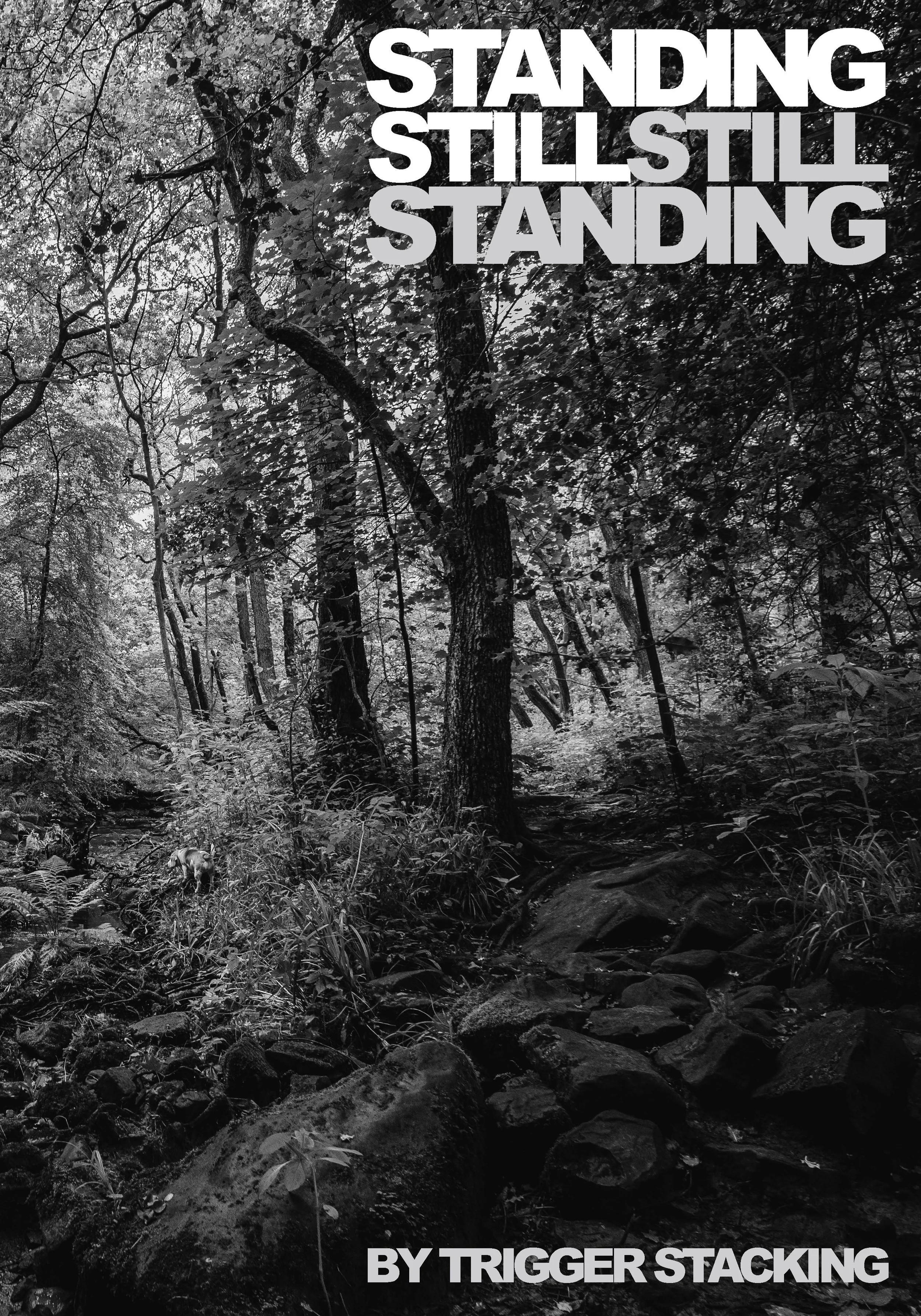 Black and white image of a dense forest with tall trees and rocky ground, overlaid with bold text reading "Standing Still Still Standing" and smaller text "by Trigger Stacking."