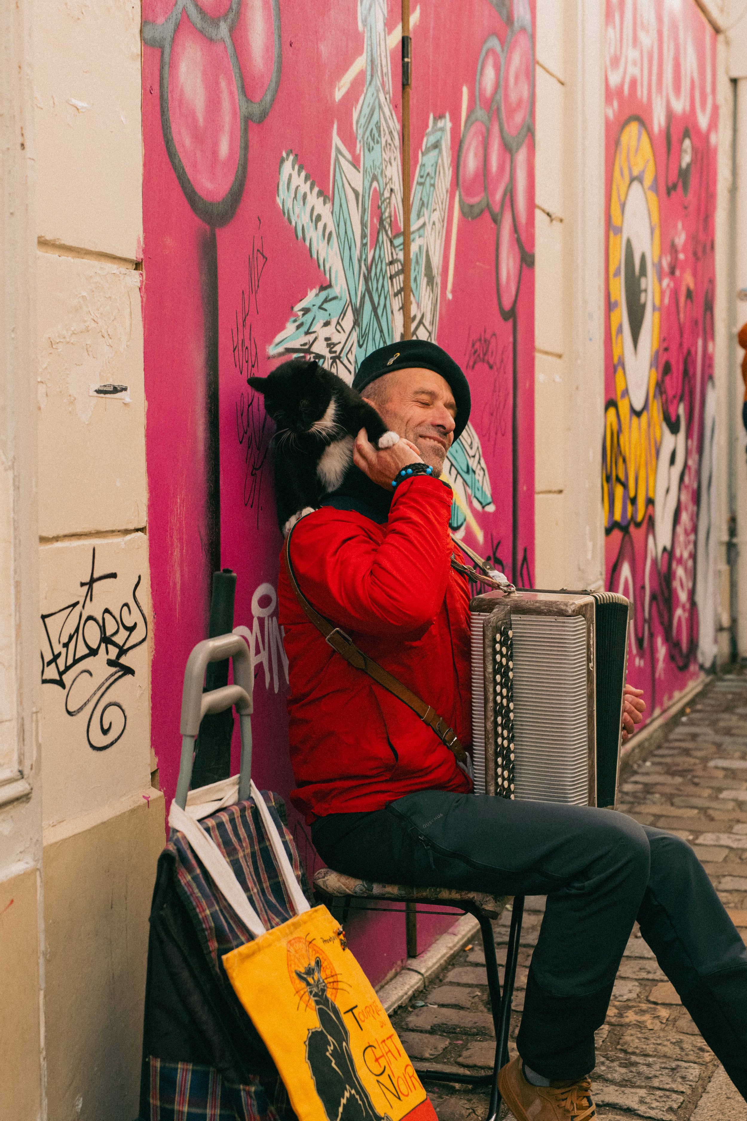 A street musician in a red jacket with a black beret plays an accordion on a sidewalk, with a black and white cat perched on his shoulder. He sits on a chair against a pink, graffiti-covered wall.