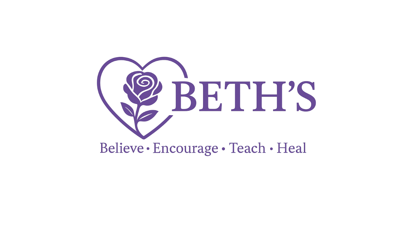 Logo for Beth's featuring a heart and a rose, with the text 'Beth's' and the tagline 'Believe, Encourage, Teach, Heal' in purple.
