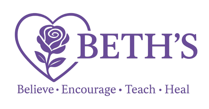 Logo with a purple heart and rose, and the text 'BETH'S'. Below, it says 'Believe Engage Teach Heal'.