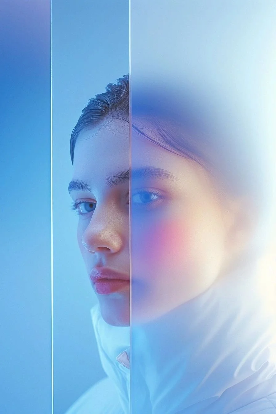 A young woman looking into a mirror with her face split by a glass panel, reflecting a soft blue and pink light.