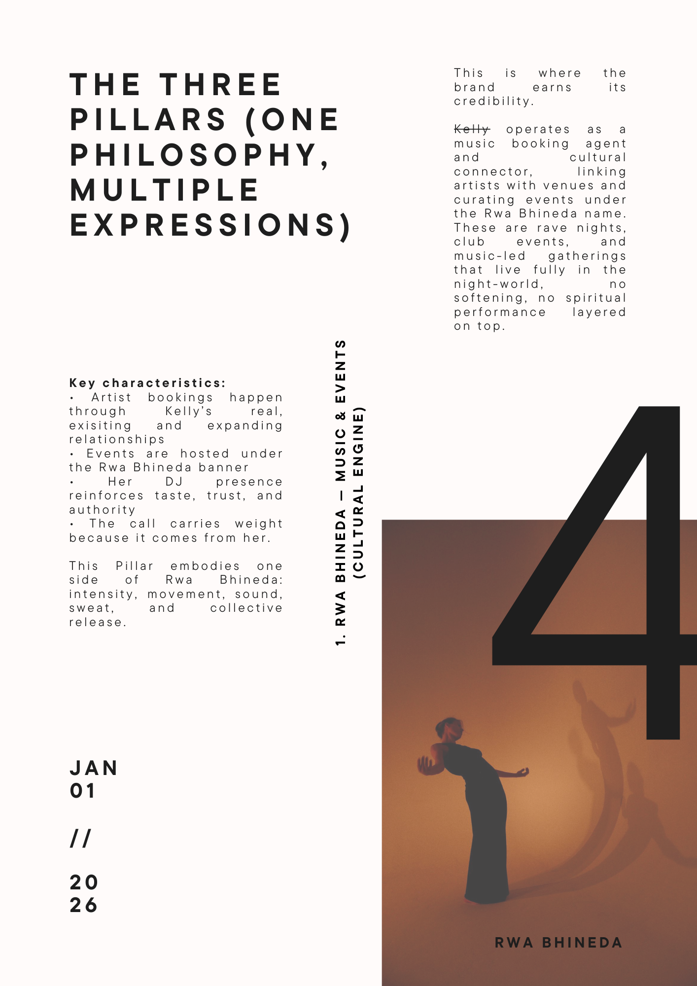 A poster describing the three pillars of Rwa Bhineda, with a large number four and silhouettes of people dancing or performing on stage against a sunset background.