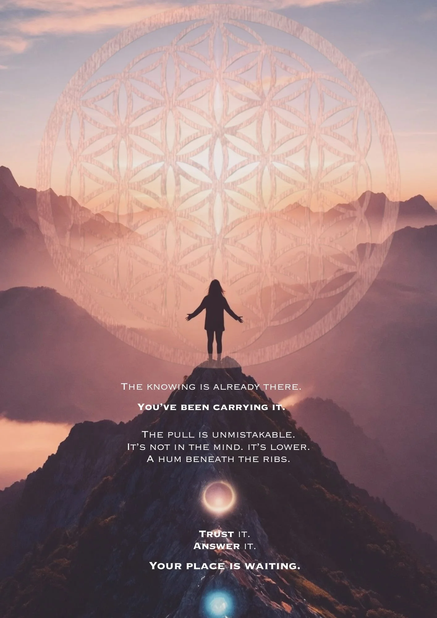 Person standing on mountain peak with mountains and sky at sunset in the background, overlaid with a large semi-transparent geometric pattern and an inspirational quote.