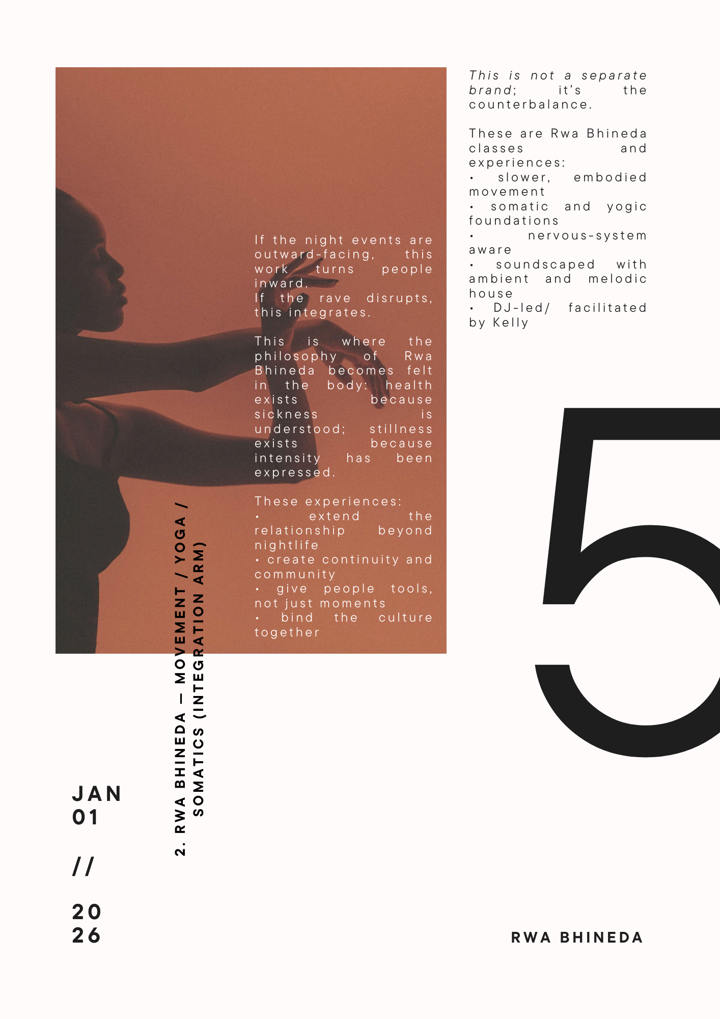 An event poster with a silhouette of a person performing yoga or movement exercise against a reddish background. Text explains Rwa Bhineda's classes and experiences related to movement and philosophy. Large typography and detailed descriptions are in