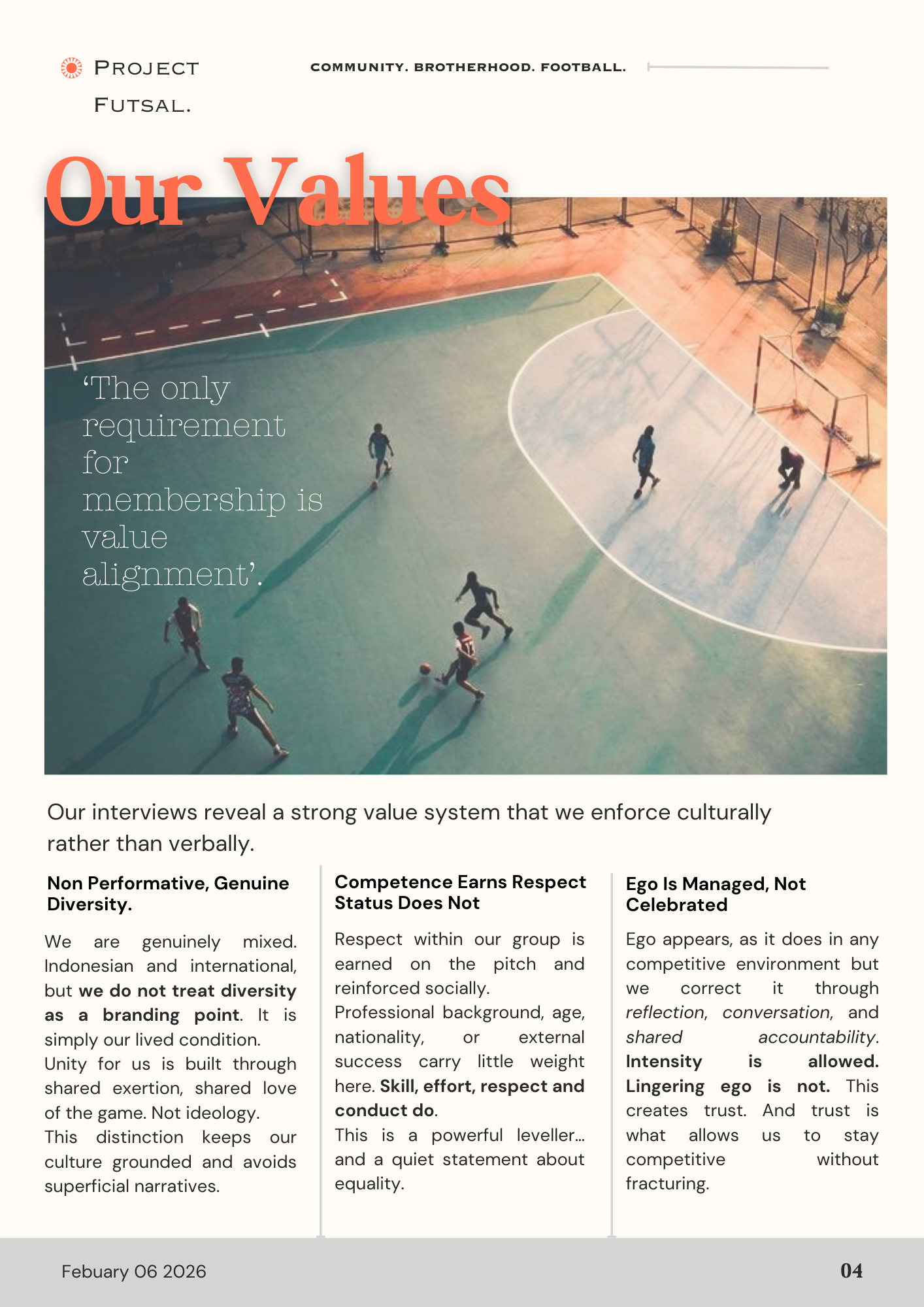 A flyer featuring a photo of people playing basketball on an outdoor court, with the title 'Our Values' and a quote about value alignment.