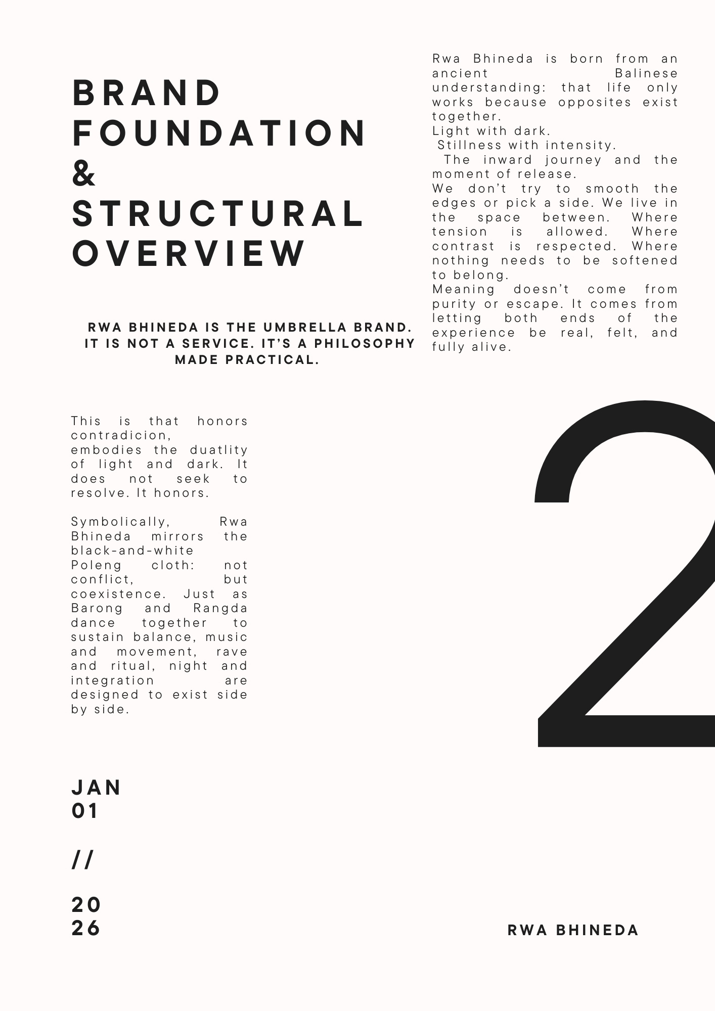 A modern graphic design layout with text about branding and philosophy, large black number 2 on the right side, and the date January 1, 2026, at the bottom left.