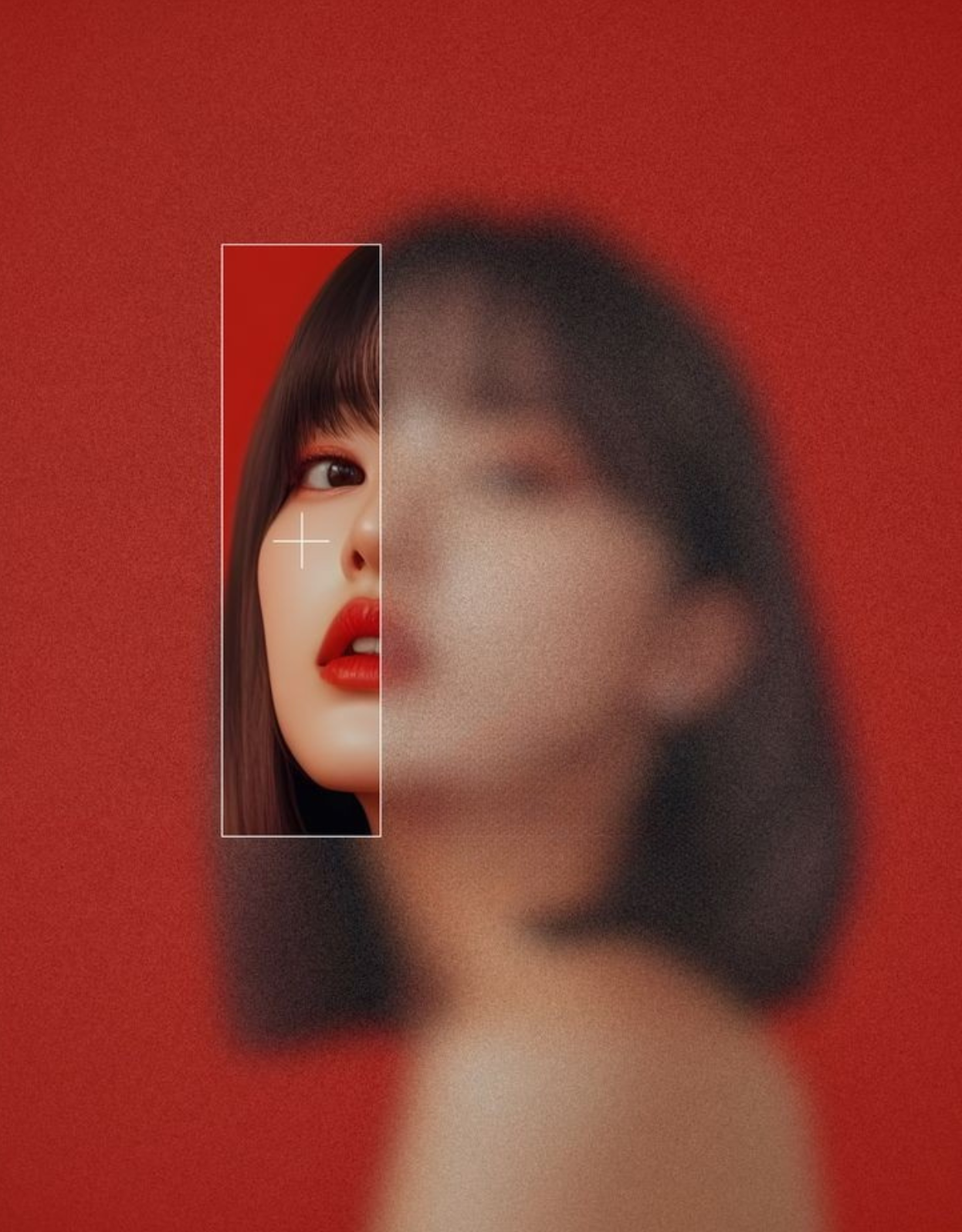 Close-up of a woman's face with makeup, focusing on her eye, lip, and cheek, with a blurred background and a smaller, sharper inset of her face to the left. Metaphor for design clarity and brand strategy.