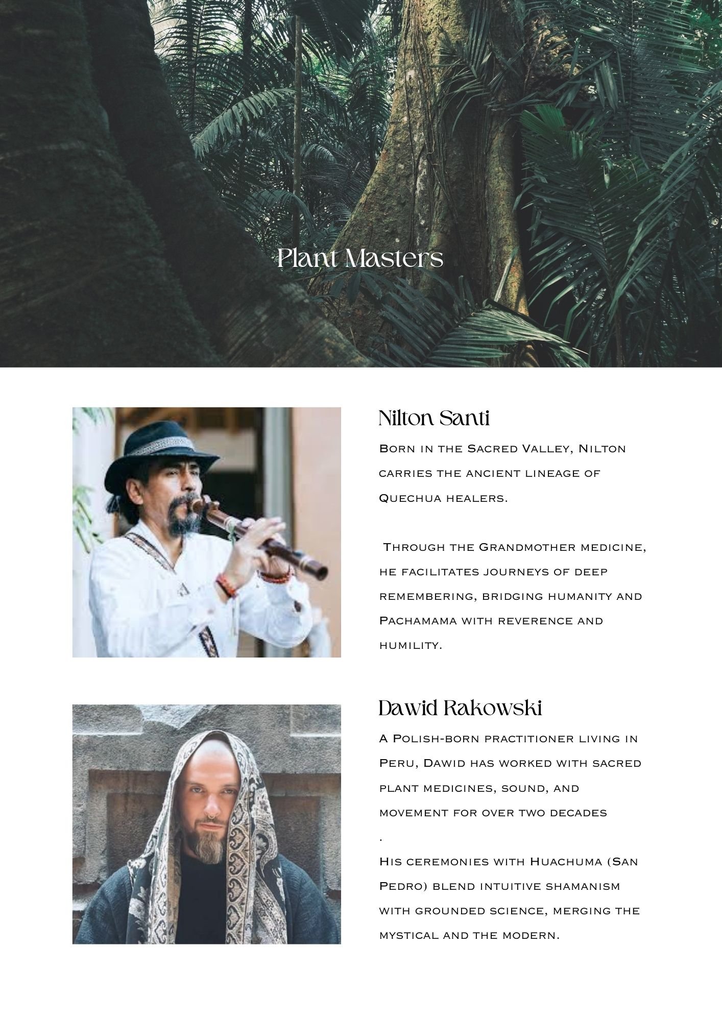 Gallery poster for 'Plant Masters' featuring a rainforest background, and photos of Nilton Santi playing a flute and Dawid Rakowski in a scarf and dark clothing.
