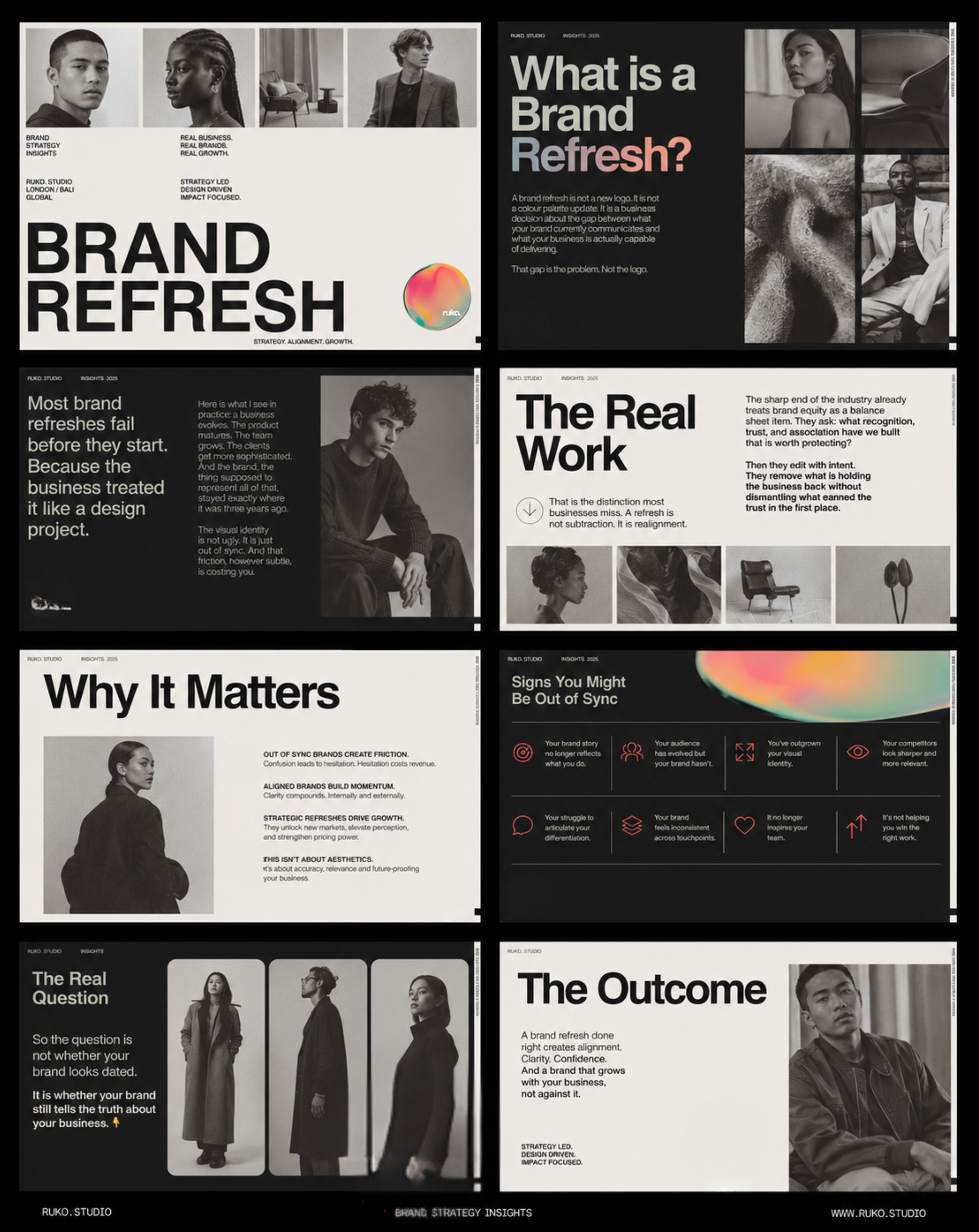 A collage of monochrome photos and text discussing brand refresh strategies, including images of diverse models, interiors, and objects with captions about branding, identity, and business growth.