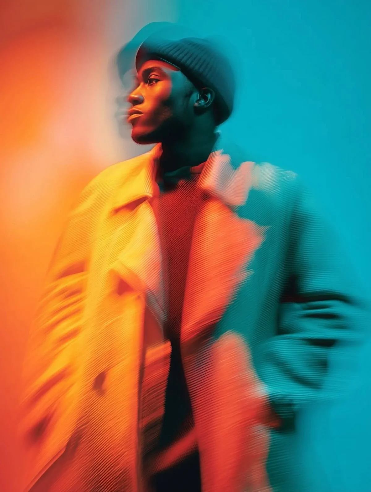Portrait of a young man wearing a beanie and a yellow jacket, with a colorful, blurred background.