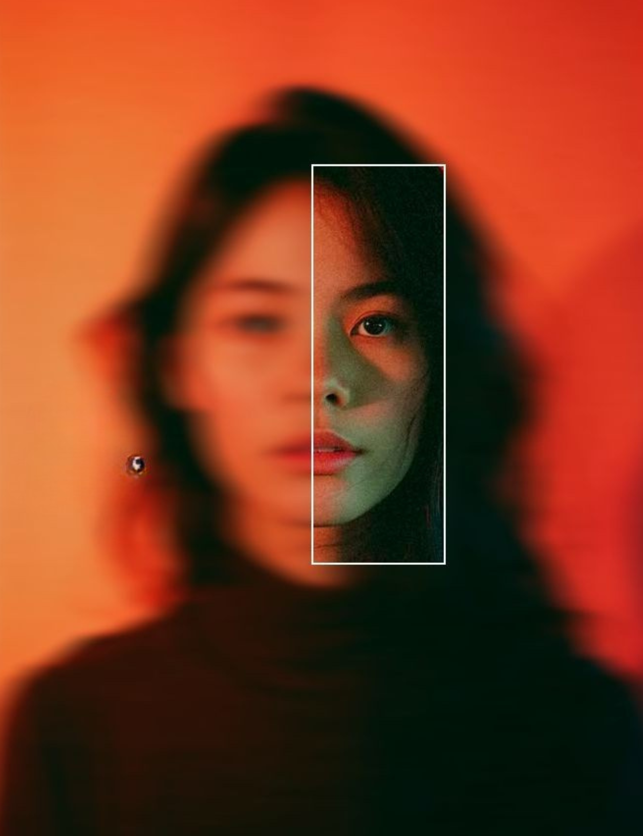 Image design of a womans face revealing half in clarity and half blurry. Metaphor for branding and brand development.