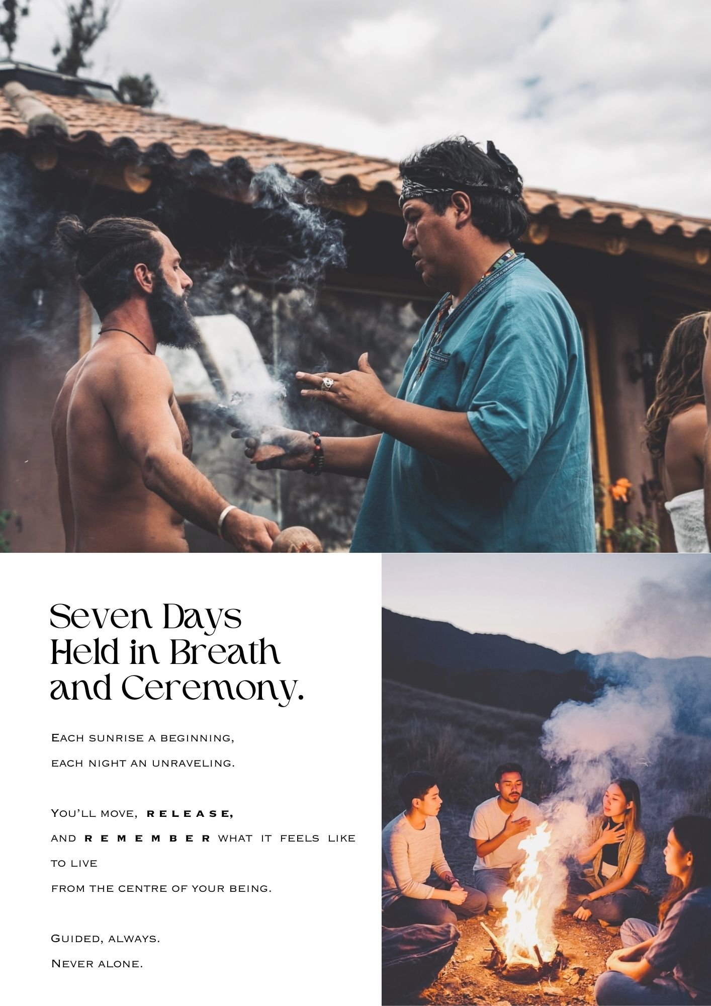 A collage of two images. The top image shows two men outdoors, one shirtless with a beard and styled hair, and another man with dark hair wearing a bandana and a blue shirt, engaging in a spiritual or ritualistic activity. The bottom image shows four