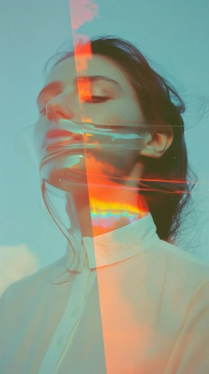 A portrait of a woman with closed eyes, reflected in a surface of water with a rainbow-like light effect and half of her face visible, creating a surreal, artistic image.