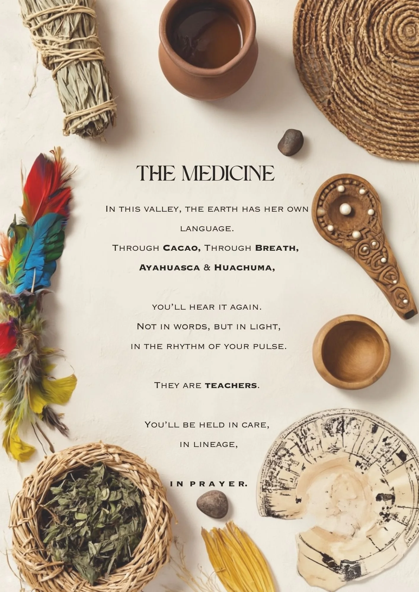 A flat lay of spiritual and medicinal objects surrounding a poem about healing and the earth, including dried herbs, feathers, candles, stones, and wooden bowls.