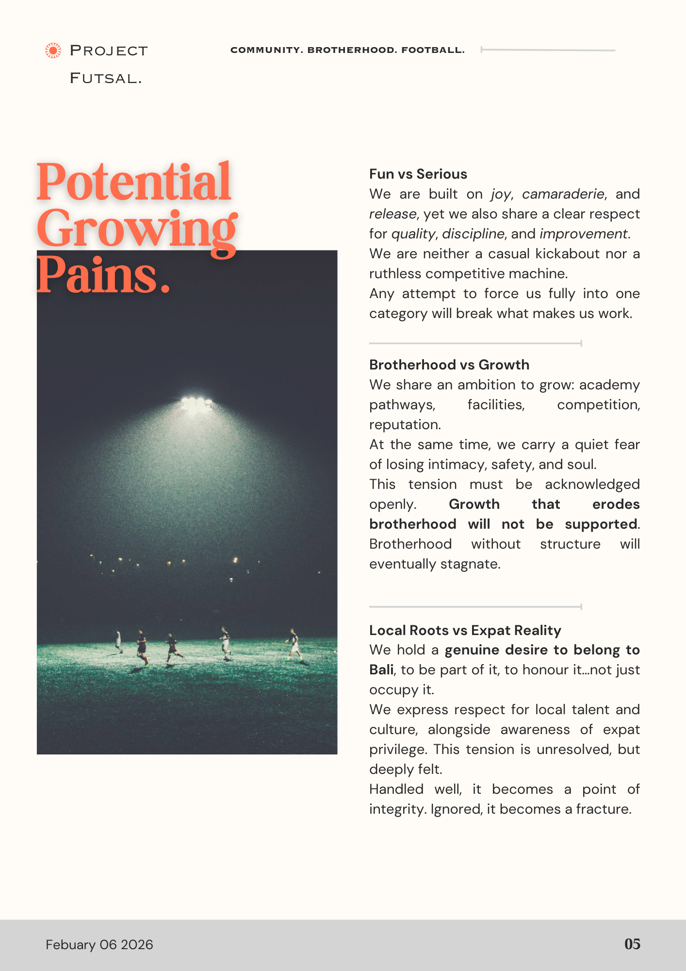 Poster with the title 'Potential Growing Pains' in bold orange text, showing a dimly lit football field at night with players running under floodlights, and text discussing community, brotherhood, football, and growth.
