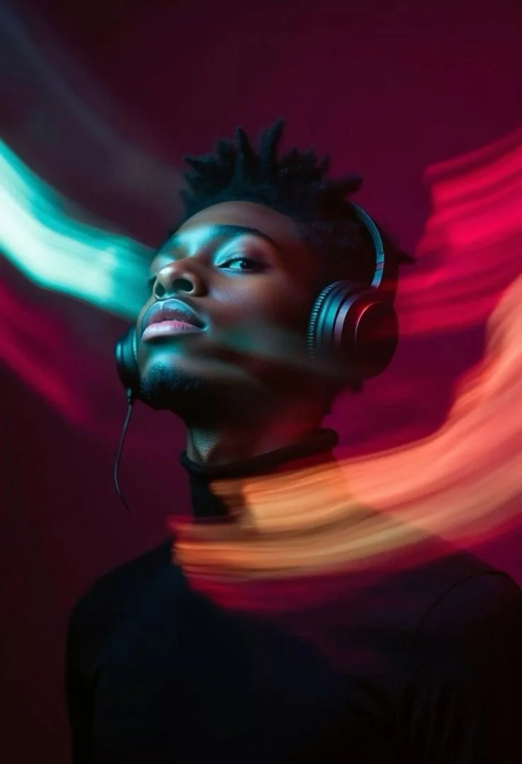A young man with short dreadlocks wearing headphones, surrounded by colorful light streaks, with a serious expression.