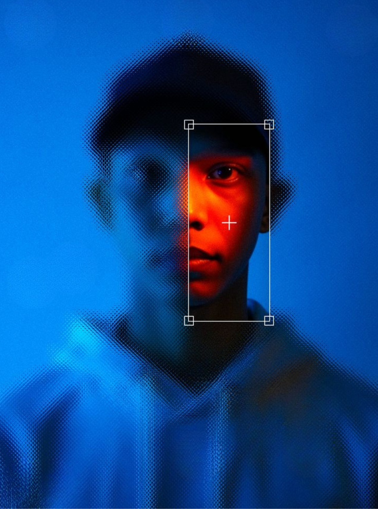 Close-up of a woman's face with makeup, focusing on her eye, lip, and cheek, with a blurred background and a smaller, sharper inset of her face to the left. Metaphor for design clarity and brand strategy.